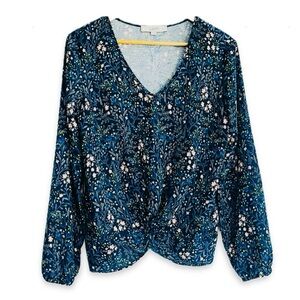 LOFT Ditsy Floral Blouse Twist Front Long Sleeve Teal V-Neck Top